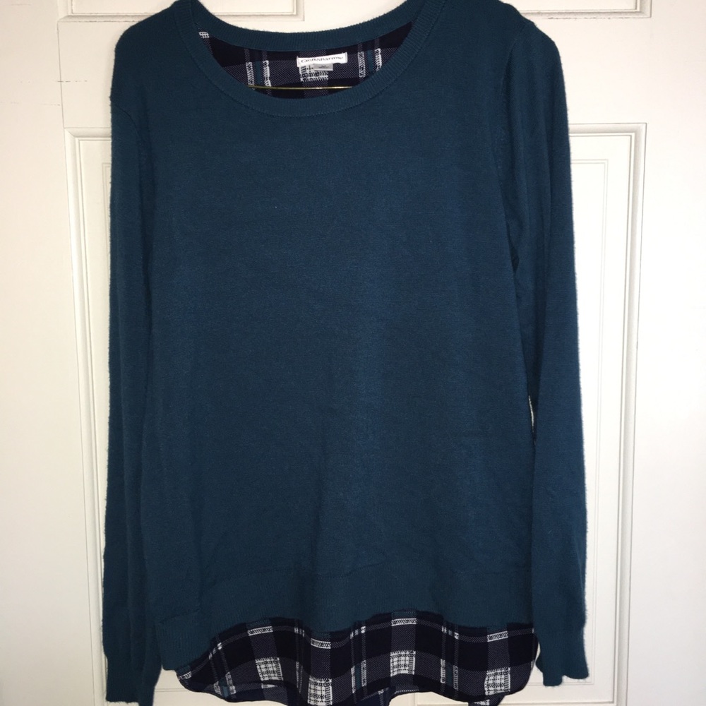 Blue sweater with plaid trimming